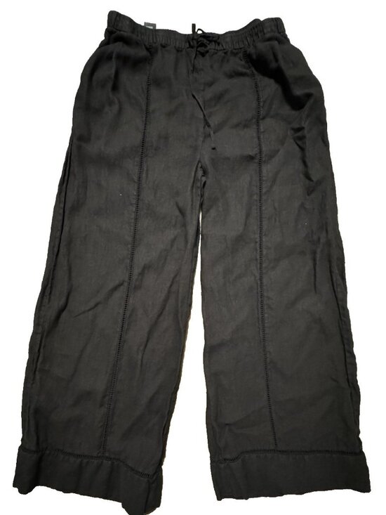 Zara Pants - Zara Women Linen Black Wide Leg Pull On Large Pants Split Open Knit Crochet Hem